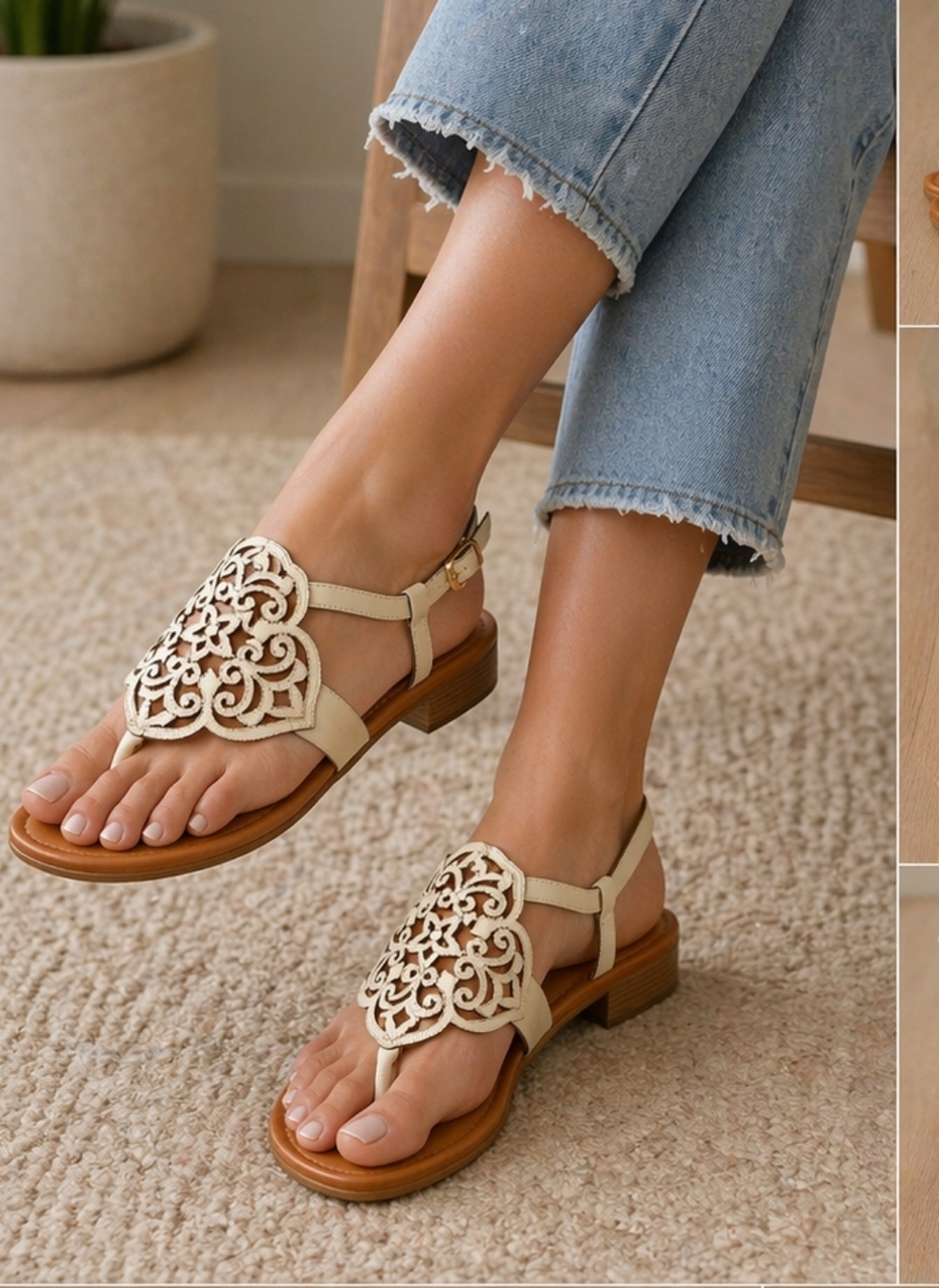 Brighton Women's Beige Laser-Cut Thong Sandals